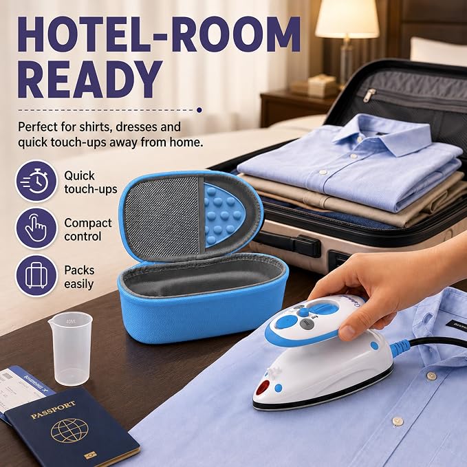 The Quilted Bear Premium Mini Steam Iron - Lightweight Mini Travel Iron for Effortless Quilting & Wrinkle-Free Clothes with Carry Case & Iron Rest Set - Travel Steamer for Clothes & Crafts (Blue)