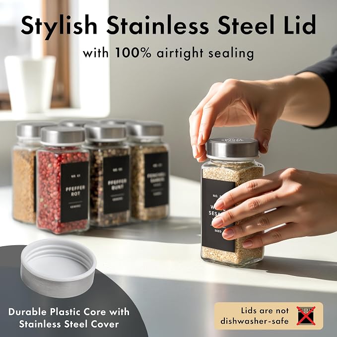 EDELHAUS Glass Spice Jars with Label and Stainless Steel Lids (24 x 4oz) Spice Containers with 240 Labels, Shaker Inserts, Steel Funnel, Empty Square Seasoning Organizer for Spice Rack Cabinet Drawer