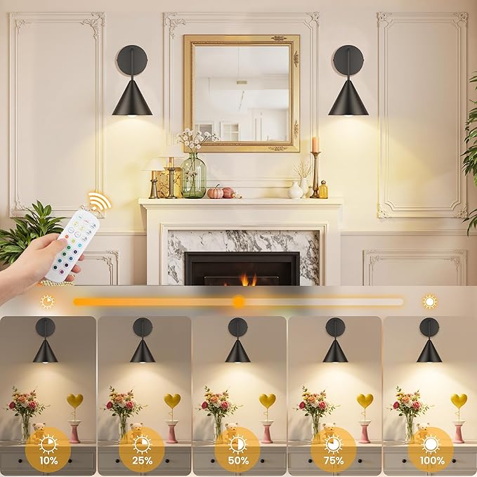 MATAMEYE Rechargeable Wall Sconce, Black Wireless Battery Operated Wall Lamp with Remote, Dimmable & Timer, Modern Industrial Indoor Light Fixture, Bulb Included