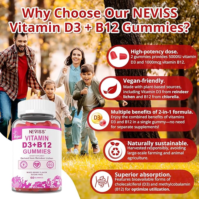 NEVISS 2個パック ヴィーガン ビタミンD3 + ビタミンB12 グミ、高効能 D3 5000IU & 1000mcg メチル化B12、大人向けビタミンD3とB12、骨の健康、免疫、エネルギーサポート、120粒