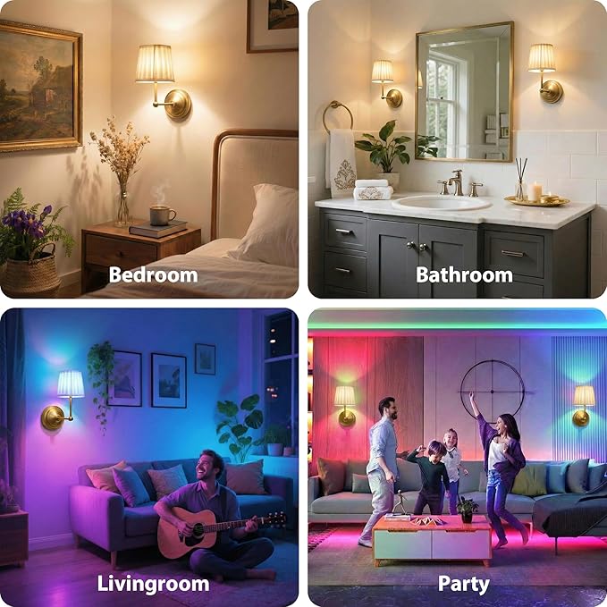 Battery Operated Wall Sconces Set of 2, Gold Rechargeable Wall Lights with 10000mAh RGB Dimmable Magnetic Bulbs and Remote,16 Colors Cordless Wall Lamps for Bedroom Living Room Hallway Decor