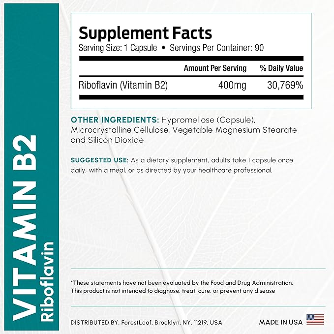 ビタミンB2リボフラビン400mg - エネルギー、肌、細胞の健康をサポート - 神経系の健康をサポート - ビタミンB2 - 非遺伝子組み換え＆グルテンフリー - ビタミンB2 400mg植物性カプセル、90粒入り2パック
