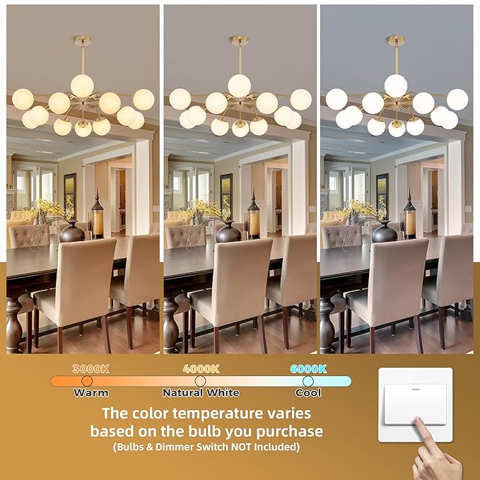 12-Light Milk Glass Pendant Light, 40" Sputnik Bubble Glass Chandelier Light Fixture, Hand Blown Semi Flush Mount Ceiling Chandeliers Lighting for Dining Room, Living Room (Gold, 12-Light Chandelier)