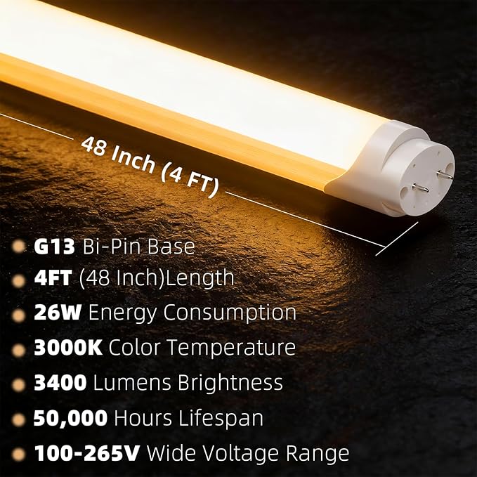 CYLYT Fluorescent Light Bulbs 48 inch, T8 LED Bulb 4 Foot Type A+B Replacement for F32T8 or F40T12 Tube, 26W 3400LM 3000K Warm White, Double or Single End Powered, 4-Pack