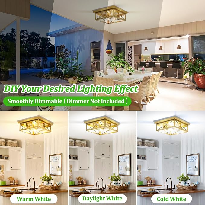 Kondras Gold Hallway Light Fixtures Ceiling, 2-Light Farmhouse Vintage Flush Mount Ceiling Lights, 2-Pack Brass Metal Kitchen Light Fixtures, Close to Ceiling Lights for Bedroom Living Room Entryway