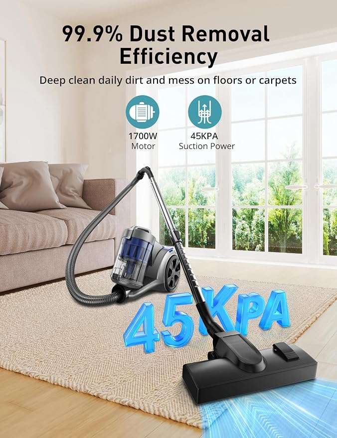 1700W Canister Vacuum Cleaner, 45Kpa Bagless Vacuum Cleaner, Multi-Cyclonic Filtration, 2 Anti-Allergen HEPA Filters, 3.5QT Dust Cup, 4 Tools, Corded Vacuum for Hard Floor, Pet Hair, Wineberry