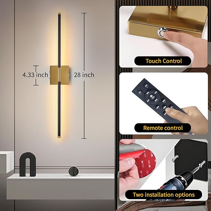15800 mAh Battery Operated Wall Sconces with Remote Control Dimmable Wall Sconces Set of Two 3000K LED Brass Gold and Black Wireless Wall Light Battery Powered Cordless Rechargeable Sconces Decor
