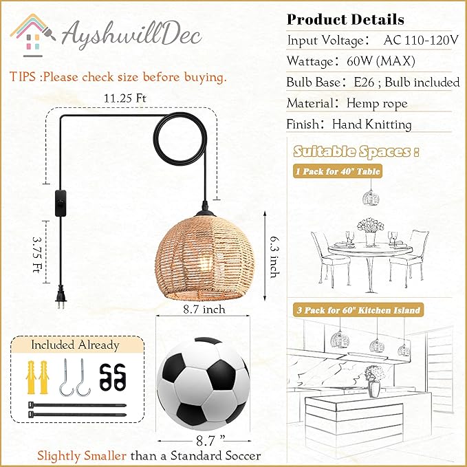 Plug in Mini Hemp Rope Woven Pendant Light Woven Light Fixture Boho Chandelier Wicker Pendant Lights Rattan Plug in Cord Hanging Lights Dome Wicker Chandelier for Bedroom (Bulb Incl.)