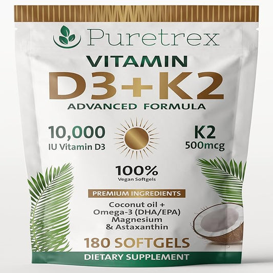 Vitamine D3 10 000 UI + K2 MK-7 (500 µg) | D3 Végétalienne Hautement Dosée Issue de Lichen | Oméga-3 DHA/EPA, Astaxanthine, Huile de Nigelle & DHA d'Algues | Soutien Immunitaire, Osseux, Cardiaque & Musculaire | 180 Gélules Molles