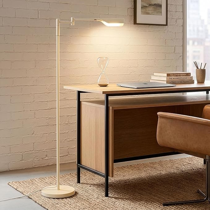 Brightech Leaf Pharmacy LED Reading Lamp, Dimmable Floor Lamp with Easy Rotation Over Chair or Desk for Living Rooms & Offices, Adjustable Standing Tall Lamp, for Sewing & Crafts - Gold and Cream