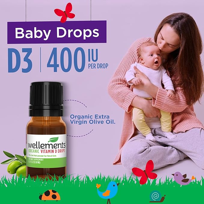 Wellements ベビー用オーガニックビタミンDドロップ 乳幼児用（90日分） - 新生児認定液体ビタミンD3ドロップ、健全な成長と骨の発達をサポート、1滴あたり400 IU（1日1滴）