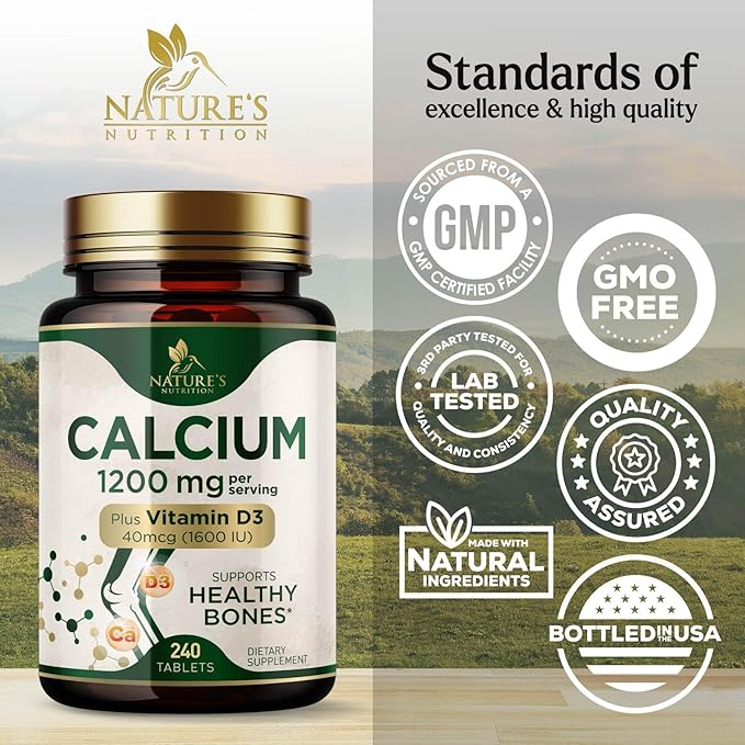Calcium 1200 mg with Vitamin D3 - Per Serving - Bone Health Supplement - Vitamin D & Calcium Supplements for Women & Men - Bone Strength Support - Natural Calcium Pills - Bottled in USA - 240 Tablets