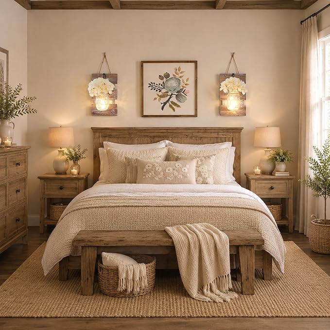 Rustic Mason Jar Sconces Wall Decor - Set of 2 Hanging Wooden Wall Art with LED String Lights & Remote Timer - Vintage Farmhouse Decoration for Living Room or Bedroom, Brown