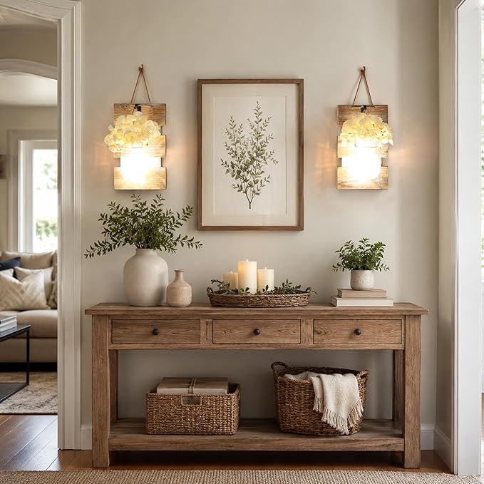 Rustic Mason Jar Sconces Wall Decor - Set of 2 Hanging Wooden Wall Art with LED String Lights & Remote Timer - Vintage Farmhouse Decoration for Living Room or Bedroom, Brown