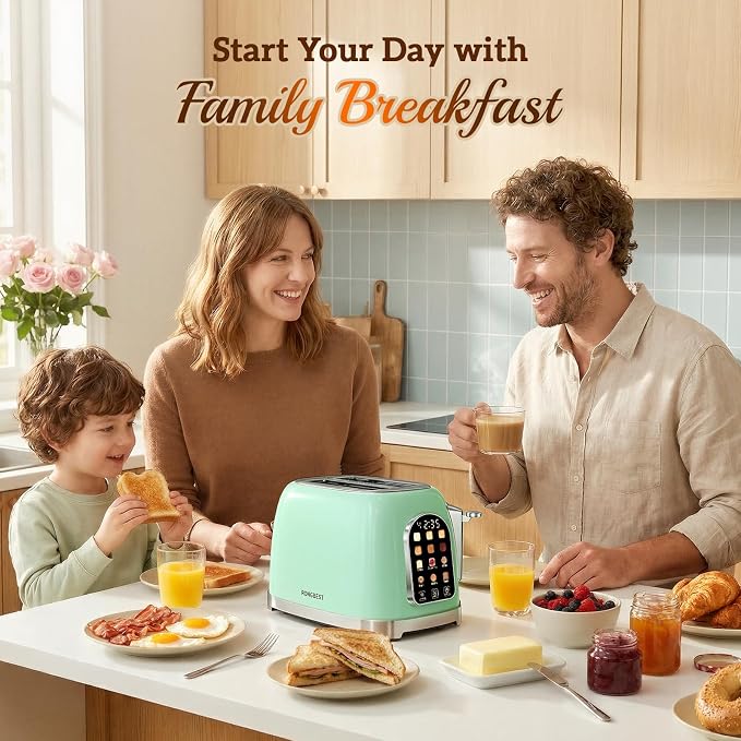RONGBEST Retro Touch Screen Toaster 2 Slice Wide Slot Stainless Steel with 6 Browning Levels for Breakfast Bagel & Bread, Reheat & Defrost, Removable Crumb Tray, Mint Green