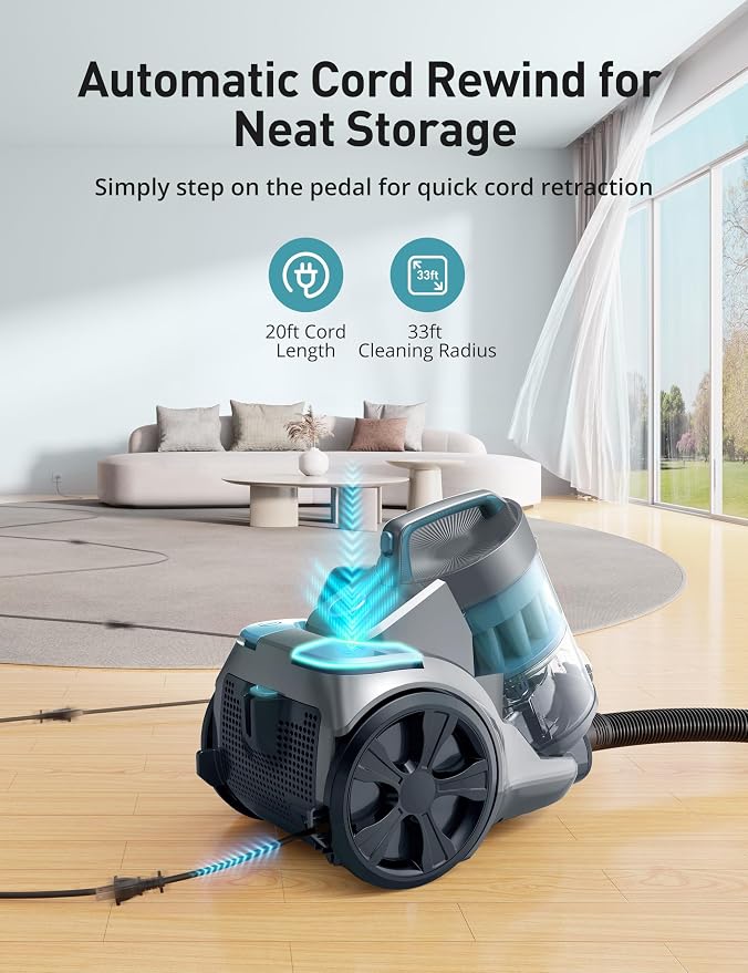 Aspiron 1700W Canister Vacuum Cleaner, 45Kpa Bagless Vacuum Cleaner, Multi-Cyclonic Filtration, 2 Anti-Allergen HEPA Filters, 3.5QT Dust Cup, 4 Tools, No Hair Tangles for Hard Floor, Pet Hair, Aqua