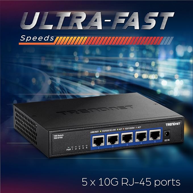 TRENDnet 5-Port 10G Switch, TEG-S750, 5 x 10G RJ-45 Ports, 100Gbps Switching Capacity, Supports 2.5G and 5G-Base-T Connections, Ethernet Splitter, NDAA & TAA Compliant, Lifetime Protection, Black