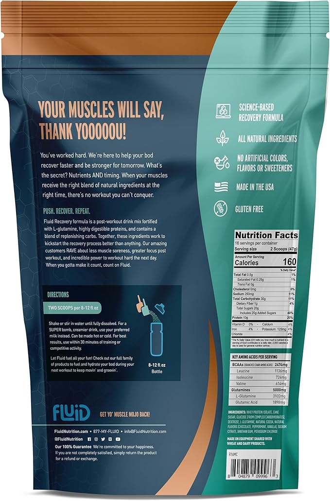 Fluid Recovery Post-Workout Drink Mix, Whey Isolate Protein, L-Glutamine, Carbs, All Natural Ingredients, Gluten-Free, Lactose-Free, Delicious After Exercise Muscle Recovery (Mint Chocolate)
