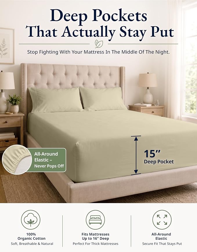 LANE LINEN Full Fitted Sheet Set (No Flat Sheet) - 100% Organic Cotton Soft & Breathable Percale Weave Fitted Sheet Set For Added Comfort - 15'' Deep Pocket For Snug Fit - GOTS Certified - Linen