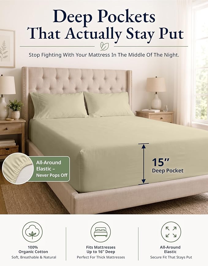 LANE LINEN King Fitted Sheet Set (No Flat Sheet) - 100% Organic Cotton Soft & Breathable Percale Weave Fitted Sheet Set for Added Comfort - 15'' Deep Pocket for Snug Fit - GOTS Certified - Linen