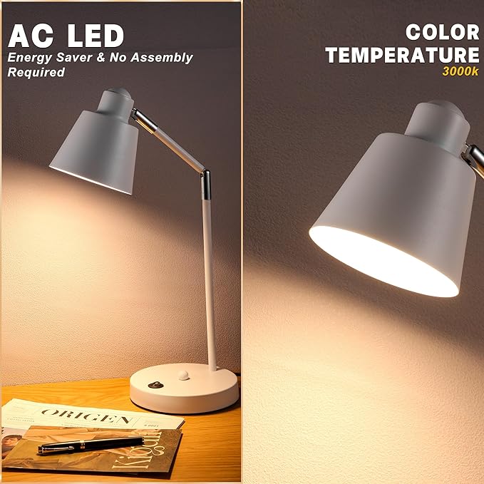 Anxingtools LED Desk Lamp with Dual USB Charging Ports, 100% Metal, 270° Swivel Arms, Soft White Light (3000K), Bedside Reading Lamp, Home Office Lamp(White)
