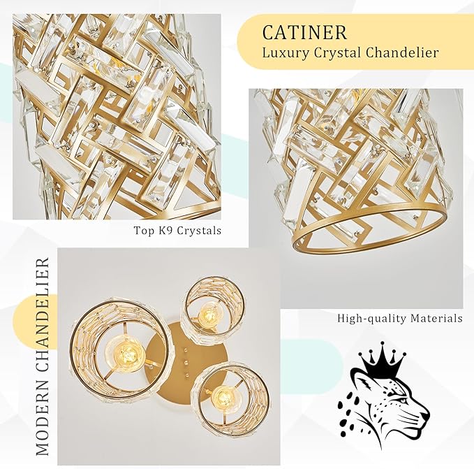 CATINER 3-Light Modern Gold Crystal Pendant Light Luxury Mini Chandelier, Adjustable Cluster Pendant Lighting for Kitchen Island Dinning Room Bedroom Hallway Porch