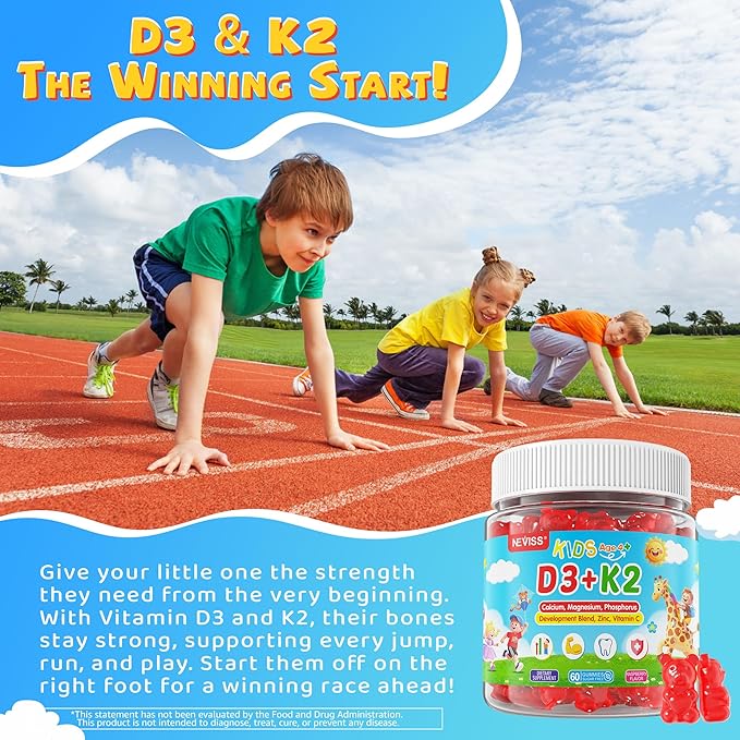 Gummies Vitamine D3 K2 pour enfants + Calcium, Magnésium, Zinc, Phosphore, Vitamine C, Complément alimentaire multivitaminé D3 et K2 pour la santé osseuse, l'absorption du calcium, la concentration et l'immunité, Sans OGM, Sans sucre, Lot de 2