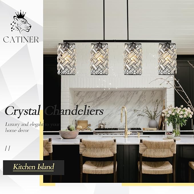 CATINER 40" Crystal Kitchen Island Lighting 4 Lights Modern Black Linear Chandelier Dining Room Light Fixture Over Table Luxury Ceiling Pendant Light Fixture