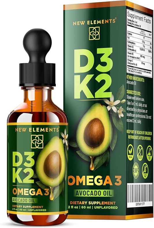 New Elements Vitamine D3 + K2 Liquide en Gouttes 10 000 UI avec Oméga-3 – Haute Absorption pour le Soutien des Os, du Système Immunitaire et du Cœur | Base Huile d'Avocat Pure | Sans OGM – 60 ml (2 fl oz)