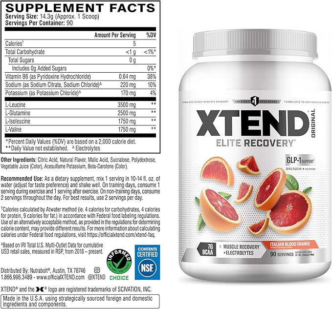Xtend Original BCAA Powder 7g BCAA and 2.5g L-Glutamine, Sugar Free Post Workout Muscle Recovery Drink with Amino Acids for Men & Women, 90 Servings