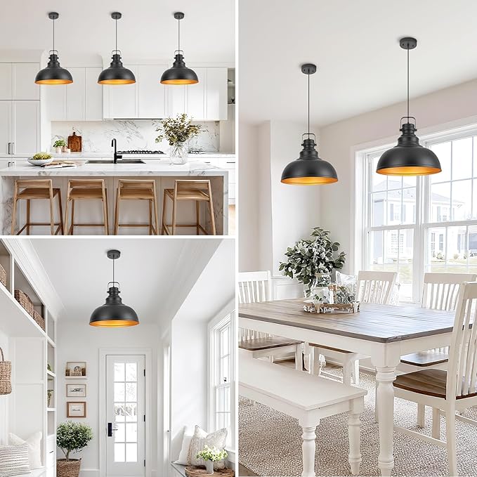 Refice 16 Inch Farmhouse Pendant Lights Kitchen Island Black Pendant Lighting Industrial Dome Island Pendant Lights, Adjustable Height, Hanging Lights, Dining Room, Barn