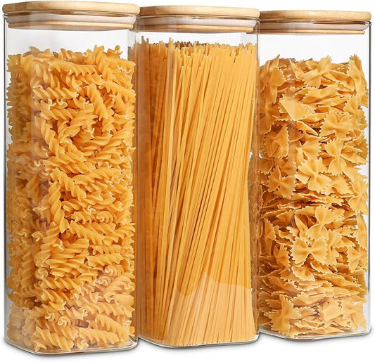 ComSaf Glass Spaghetti Pasta Storage Containers with Lids 2.2 Qt Set of 3, Tall Clear Airtight Food Storage Jar with Lid for Noodles Flour Oat Cereal Sugar Beans, Square Spaghetti Pantry Containers