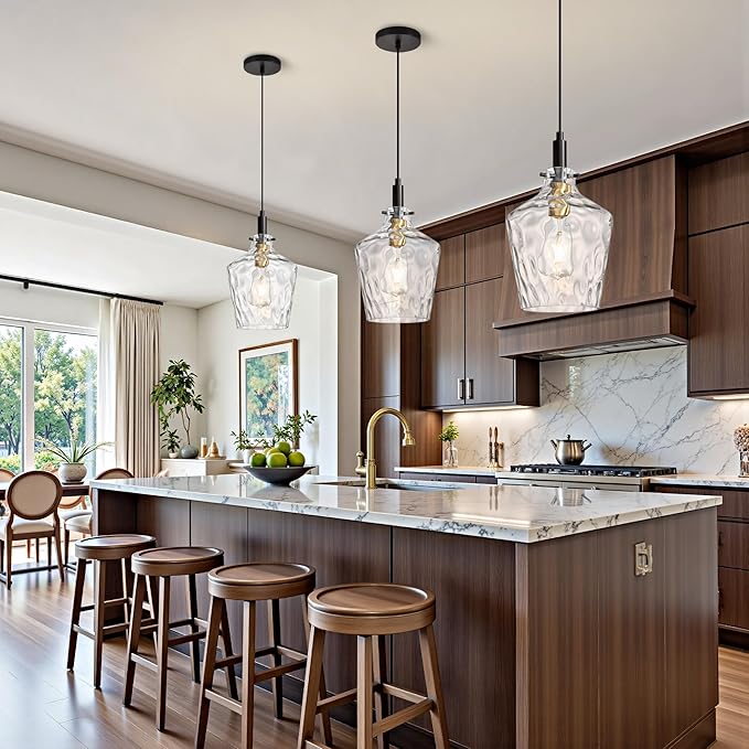 Modern Hammered Glass Pendant Lighting for Kitchen Island 1 Pack, Farmhouse Black and Gold Pendant Light Fixtures, Height Adjustable Ceiling Pendant Light, 8 Inch