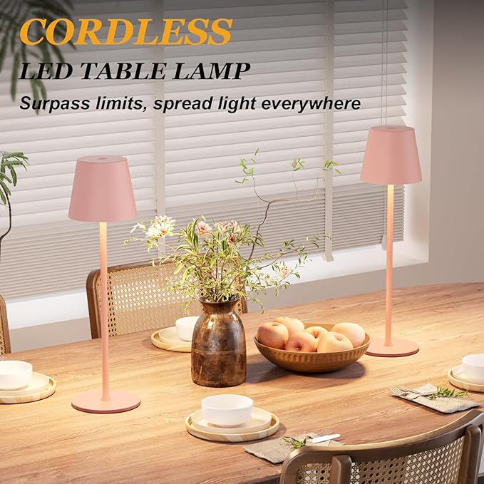 Kakanuo Cordless Table Lamp Rechargeable Pink - KK 2 Pack 5000mAH Battery Operated Lamp for Counter, 3 Color Stepless Dimming Wireless Lamp for Dining Kitchen, Outdoor Patio, Touch Control