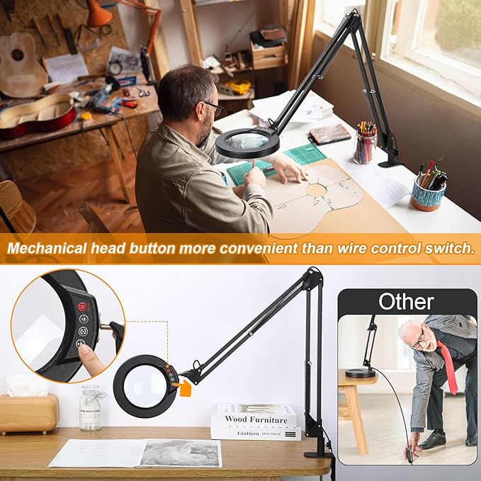 12X Large Magnifying Glass with Light and Clamp, Real Glass, 5 Color Modes, Stepless Dimmable, 2 x 16 Inch Adjustable Swing Arm Stand Desk Lamp, LED Lighted Magnifier Hands Free for Close Work, Hobby