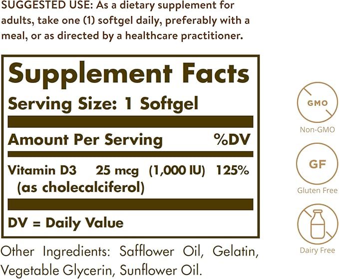 Solgar ビタミンD3 (コレカルシフェロール) 25 MCG (1000 IU)、250ソフトジェル - 健康な骨と歯の維持をサポート - 免疫システムのサポート - 非遺伝子組み換え、グルテンフリー、乳製品不使用 - 250回分