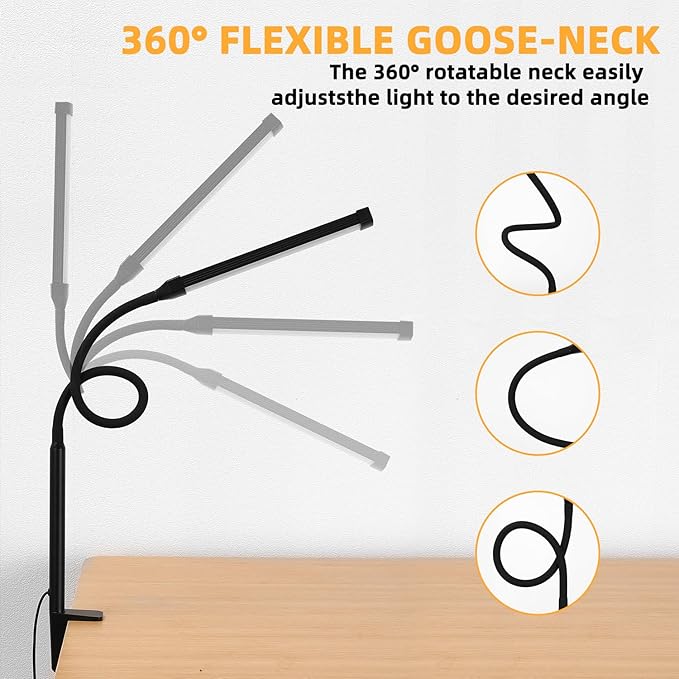 Voncerus LED Desk Lamp with Clamp, Eye-Caring Clip on Lights for Home Office, 3 Modes 10 Brightness, Long Flexible Goose-Neck, Metal, Swing Arm Architect Task Table Lamps with USB Adapter, Black
