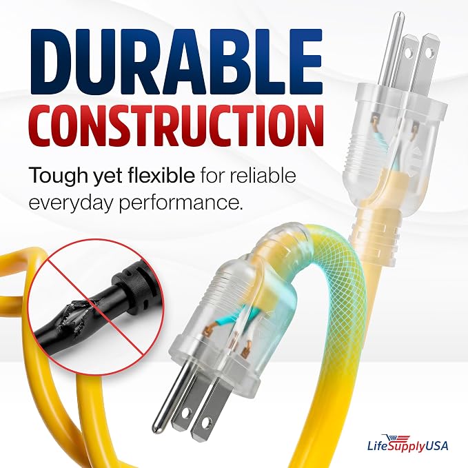 10ft Outdoor/Indoor Extension Cord 14/3 Gauge Heavy Duty 3 Prong SJTW, Waterproof, Flexible Cold-Resistant Long Power Cord,15A 125V 1875W, Yellow by LifeSupplyUSA