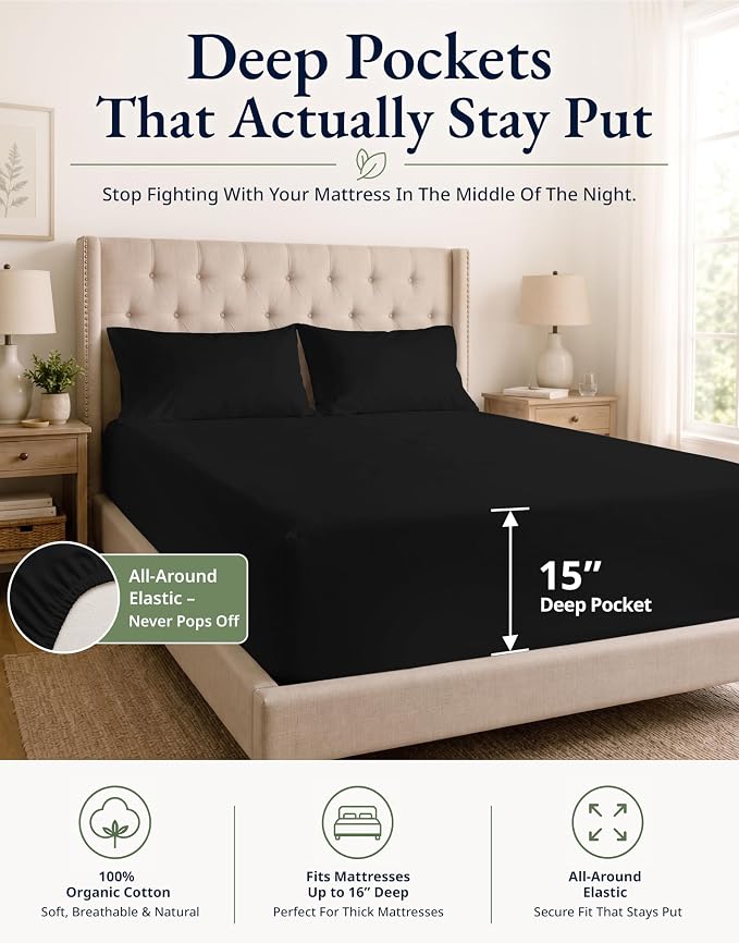 LANE LINEN 100% Organic Cotton Full Fitted Sheet & Pillowcases (No Flat Sheet) - Soft & Breathable Percale Weave Set for Natural Cooling - 15'' Deep Pocket for Snug Fit - GOTS Certified - Black