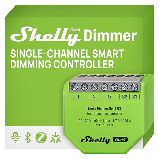 Shelly Dimmer Gen4 US UL, WiFi, Matter, Bluetooth, Zigbee Smart Dimming, Compatible with Matter, Home Assistant, Alexa, Google Home, HomeKit, Support LED Strips & Lamps, No Hub Required, Easy Control