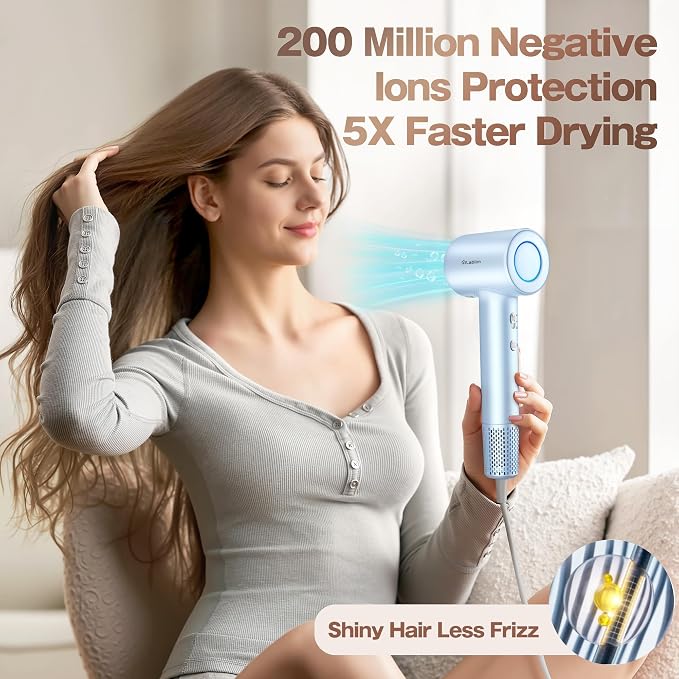 Labiim Hair Dryer, High-Speed Ionic Blow Dryer 110,000 RPM Brushless Motor for Fast Drying, 200M Ions Frizz & Thermo-Control HairDryer with Magnetic Nozzle, Quiet Compact for Home Travel, Blue