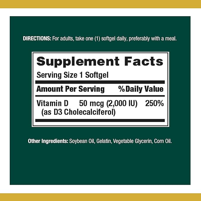 Nature's Bounty Vitamine D, Soutient la santé immunitaire et la santé des os, 2000 UI Vitamine D3, 150 gélules (Paquet de 3)
