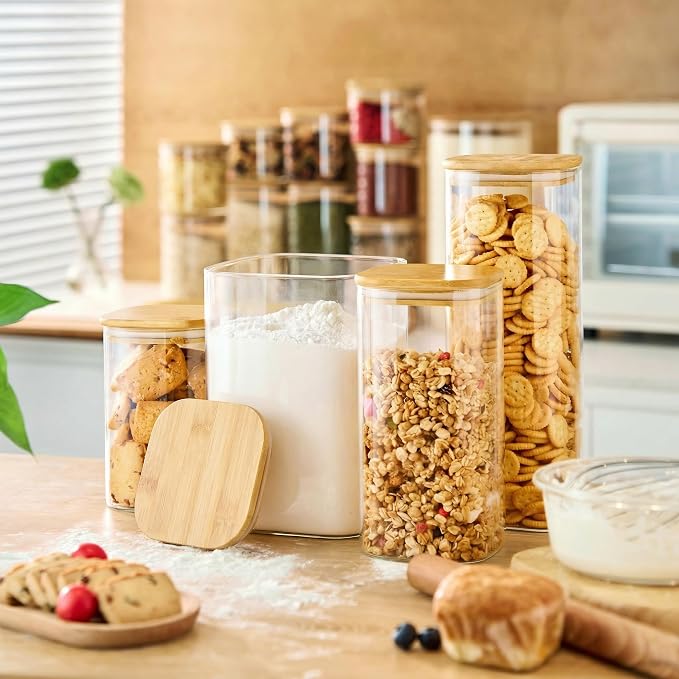 Large Glass Storage Containers 168oz, 2 Pack Pantry Jars with Bamboo Lids | Square Borosilicate Glass Jar with Airtight Lid Keep Flour, Sugar & Rice Fresh, Fits 5lb Bag, BPA-Free for Pantry Organizer
