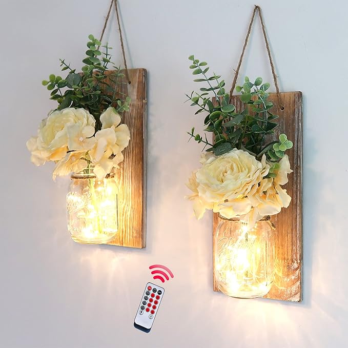 Wall Sconces Set of 2 with Remote, Farmhouse Wood Wall Art Decor for Home Living Room Bedroom Decorations with Rose Bouquet Flowers and LED Fairy Lights (Large Brown)