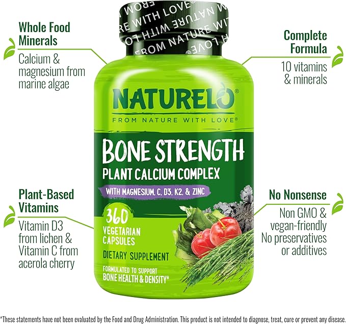 NATURELO Calcium Supplement with Vitamin C, D3, K2, and Magnesium Zinc for Bone Strength, 360 Vegetarian Capsules, with Calcium 600mg, Non-GMO, Plant-Based, Soy & Gluten-Free