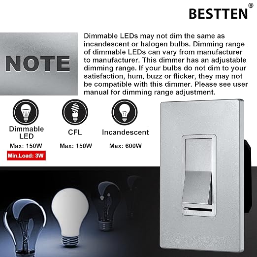 BESTTEN 10 Pack Matte Silver Dimmer Light Switch, Single Pole or 3-Way, Compatible with Dimmable LED, CFL, Incandescent and Halogen Bulb, LED Slide Dimmer Wall Switch, 120VAC, UL Listed