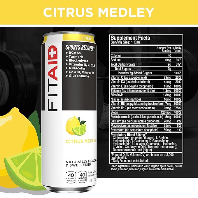 FITAID Recovery Blend Variety Pack BCAA Glucosamine Electrolytes Omega-3s Green Tea 100% Clean Paleo Vegan & Gluten-Free Naturally Sweetened & Flavored 12-oz. cans (Pack of 12) - Packaging May Vary