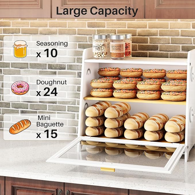 SNTD Bread Box for Kitchen Countertop, Airtight Homemade Bread Storage Container with Adjustable Vent Holes, Bamboo Cutting Board (White, L)