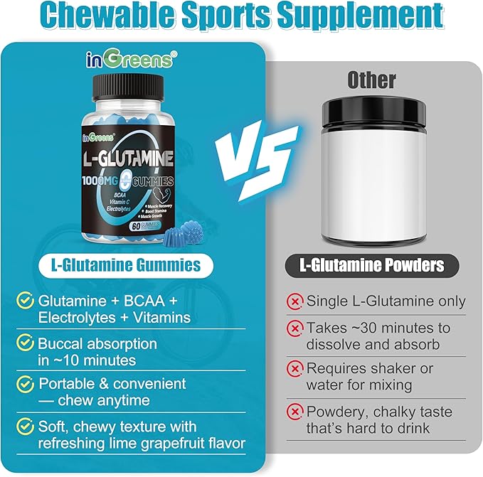 L-Glutamine Gummies 1000mg with BCAA, Potassium, Magnesium & Vitamin C, Muscle Recovery, Endurance Support & Daily Nutrition, Portable Supplement for Men＆Women, Lime Grapefruit Flavor, 240 Count