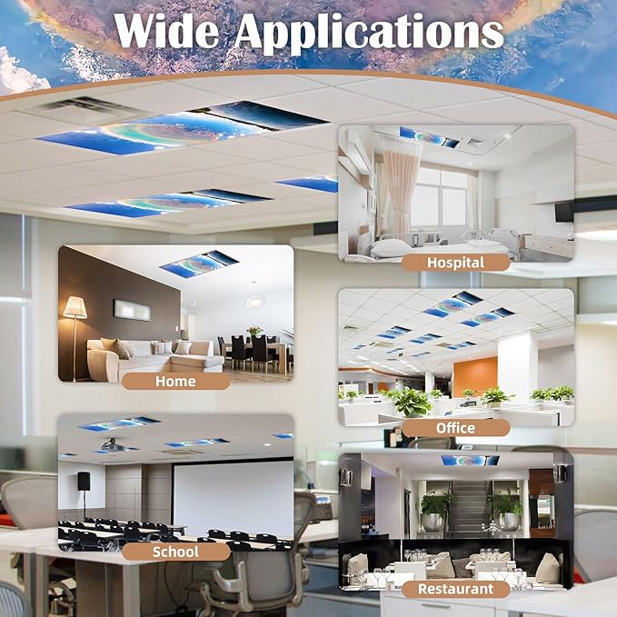 ANGSYLTH 8 Pcs Fluorescent Light Covers - 4 x 2 Feet Covers for Ceiling Lights, 8 x 10 Magnetic Light Filters for Classroom, Office, Hospitals (Blue Sky - Rainbow)